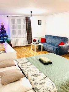 Duży apartament z kuchnią i łazienką w centrum Namysłowa في ناميسلوف: غرفة معيشة مع شجرة عيد الميلاد وأريكة