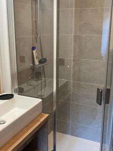 ein Badezimmer mit Dusche und Waschbecken in der Unterkunft Appart Neuf Saint Gervais 4 personnes in La Celle-sous-Gouzon