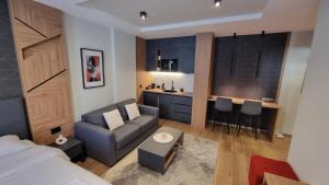 Una sala de estar con un sofá y una cocina. en Apartman LUX Tarski san, en Kaludjerske Bare