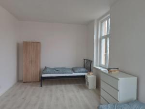 um quarto com uma cama, uma cômoda e uma janela em Apartmány MARTIN SARVAŠ 4 em Tachov