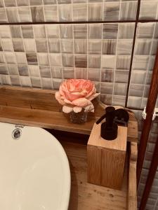 a bathroom with a toilet and a flower on a shelf at Dobál vendégház in Lunca de Sus