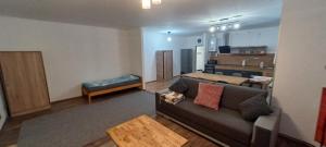 a living room with a couch and a kitchen at Apartment Bärenstein Vejprty in Vejprty