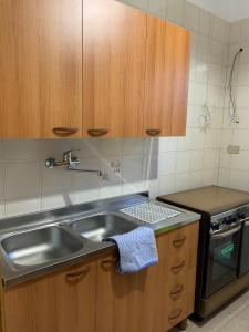 eine Küche mit einer Spüle aus Edelstahl und Holzschränken in der Unterkunft Vacanze nel cuore del Salento in Galatone