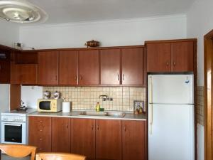 a kitchen with wooden cabinets and a white refrigerator at Reposo in Nikolítsion +15 photos