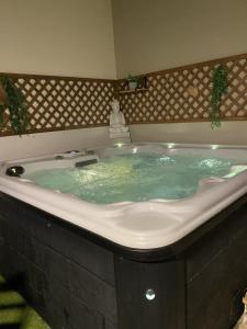 Una bañera grande con agua verde. en Chambre au calme avec spa privatif gratuit sud aveyron les palmiers des causses, en Saint-Rome-de-Tarn