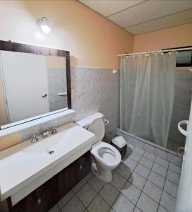 ein Badezimmer mit Toilette, Waschbecken und Spiegel in der Unterkunft Casa España in San Antonio Oeste