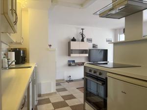 a kitchen with a stove with a tv on it at Apartament Forest in Mysłakowice