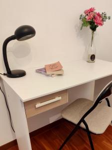 una scrivania con lampada e vaso di fiori di Iaru-Bed Experience House ad Alberobello