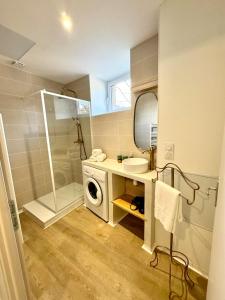 Un baño con lavadora y lavabo. en L écrin secret de Foix, en Foix