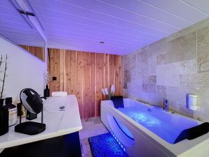 a bathroom with a large tub and a toilet at Unique Cabane 4 spa Centre Équestre & Snack in Vic-le-Comte