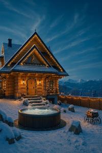 a log cabin with a hot tub in the snow at Villa Alexandra jacuzzi i sauna in Kościelisko