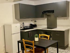 eine Küche mit Tisch und Stühlen und einem Kühlschrank in der Unterkunft Plein centre 3 pièces au rez de chaussée calme, vue sur le jardin in Foix