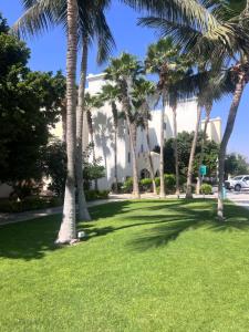 a lawn with palm trees in front of a building at Hawana Apartment in Salalah