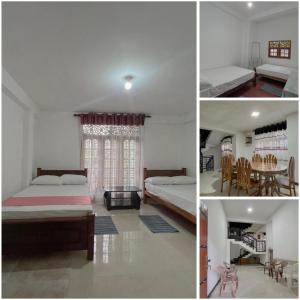 three images of a bedroom with two beds and a dining room at Sihilal Family Rest House in Bandarawela