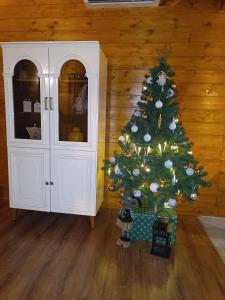 Un árbol de Navidad en la esquina de una habitación en Brvnara Beli, en Gornji Milanovac