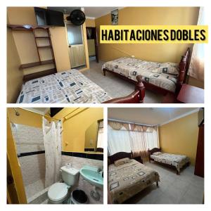3 fotografias de um quarto com 2 camas e uma casa de banho em Hotel Cotopaxi em El Coca
