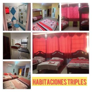 uma colagem de fotografias de um quarto de hotel com camas em Hotel Cotopaxi em El Coca mais 1 fotografia