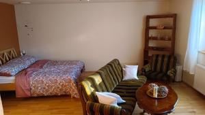 a living room with a bed and a couch and a table at Ferienwohnung Weißenstein in Weissenstein