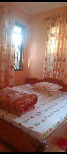 een slaapkamer met een bed met een deken erop bij Latricia Home Stay in Moshi
