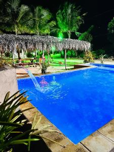 ein großer blauer Swimmingpool bei Nacht mit Palmen in der Unterkunft Chácara do Sossego in Viçosa do Ceará