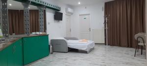 a hospital room with a bed and a mirror at Begónia Vendégház in Szigetszentmiklós