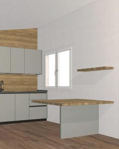 uma cozinha com armários brancos e uma bancada de madeira em Casa Reiner em Bondone