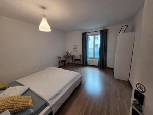 a bedroom with a bed and a table and a window at My Room Luzern in Lucerne +26 photos