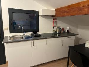 Il comprend une cuisine avec un évier et une télévision sur un comptoir. dans l'établissement Casa Vilariça, à Alfândega da Fé