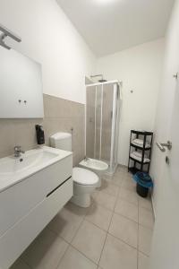 um banheiro com vaso sanitário, chuveiro e pia em Giuditta Room em Ciriè