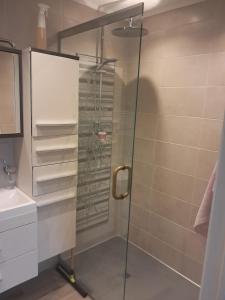 una ducha con puerta de cristal en un baño en Domus moerenpoort, en Tongeren