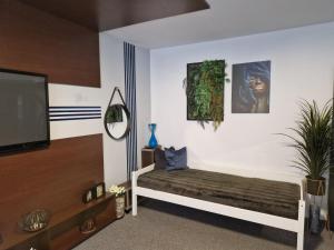 een woonkamer met een bank en een flatscreen-tv bij Bubu și Bubulina in Galaţi