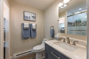 un bagno con lavandino, WC e specchio di Mountain Crest Cabin a Snowshoe Altre 32 foto