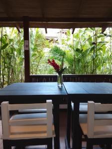 a table with two chairs and a vase with flowers on it at Hotel Exotic Lodge in Puerto Viejo +44 photos