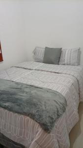 een slaapkamer met een groot bed met een grijze deken bij Joseline House in San Miguel