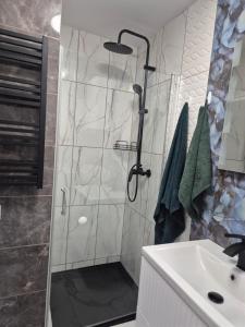 a bathroom with a shower and a sink at Ostoja we Władku in Władysławowo