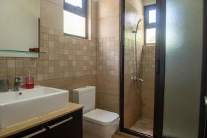 a bathroom with a toilet and a sink and a shower at Paradis des Anges Appartement in Triolet +7 photos