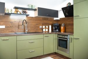 a kitchen with green cabinets and a sink at Dili Appartement in Altenmarkt im Pongau