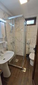 ein Badezimmer mit Dusche, Waschbecken und Toilette in der Unterkunft Kula Bor in Nikiforovo