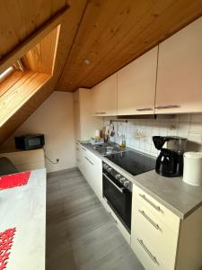 Ferienwohnung Hänel في Antonshöhe: مطبخ بدولاب بيضاء وفرن توب موقد اسود