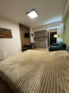 グダウリにあるNew Gudauri Studioのベッドとソファのあるホテルの部屋