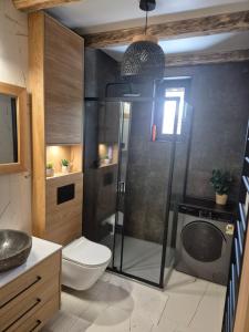 a bathroom with a shower and a toilet and a sink at Luxusny apartman z tarasmi - Vera in Telgárt