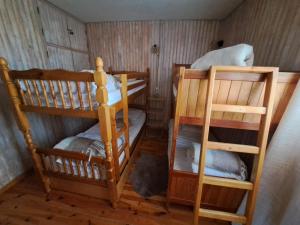 two bunk beds are in a room with a wall at Logement 48m2- 2 chambres in Orcières