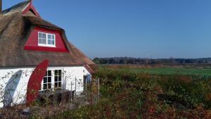 una casa con il tetto di paglia e una finestra rossa di Krügers Auszeit a Zinnowitz