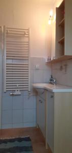 a small bathroom with a sink and a shower at Zur alten Jugendherberge in Burg +39 photos