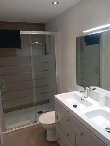 a bathroom with a shower and a toilet and a sink at Casa de la Fortuna in Huétor Vega +25 photos
