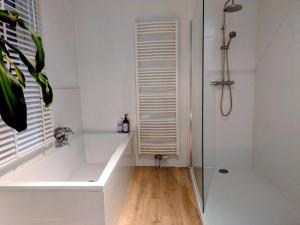 Un baño con ducha con puerta de cristal. en De overkant, en Brujas