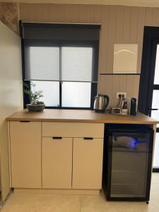 a kitchen with a counter top with a window at רויאל דליה in Dāliyat el Karmil