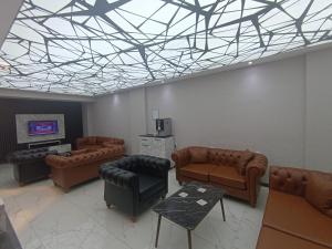 安卡拉Pera City Hotel的带沙发和椅子的客厅以及天花板