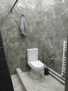 een badkamer met een toilet en een marmeren muur bij Elite Guest House in Goris
