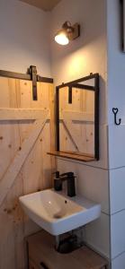 a bathroom with a white sink and a mirror at Ferienwohnung Thomas in Adenbach